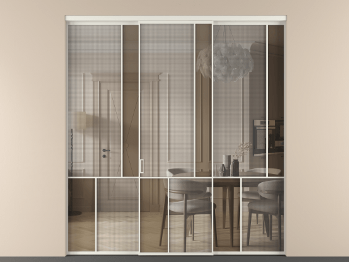 Перегородка Mosaic внутри проёма 3 створки АЛПР 041.21 Алюминий Белый Декоративное стекло с сеткой "Mesh silver", триплекс, 6 мм + Прозрачное бронзовое стекло, триплекс. Скрытый короб БЕЛ Цена 345170 ₽ . Фабрика дверей Волховец 8 (800) 551 43 19 Перегородка Mosaic внутри проёма 3 створки АЛПР 041.21 Алюминий Белый Декоративное стекло с сеткой "Mesh silver", триплекс, 6 мм + Прозрачное бронзовое стекло, триплекс Цена 345170 ₽ | Volhovec